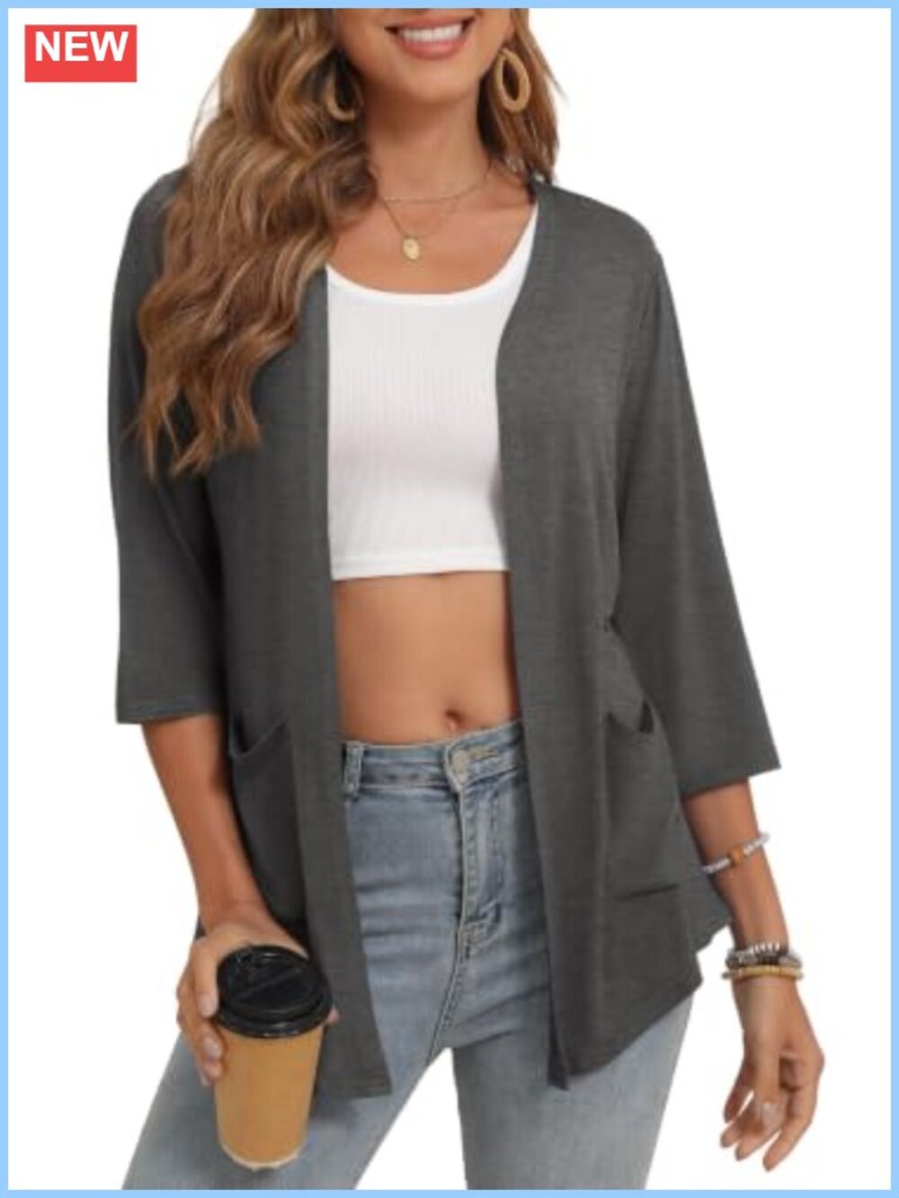Women's 3/4 Sleeve Open Front Cardigan Lightweight with Pockets